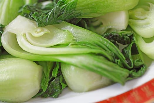 Close-up view of baby bok choy stir-fried in olive oil