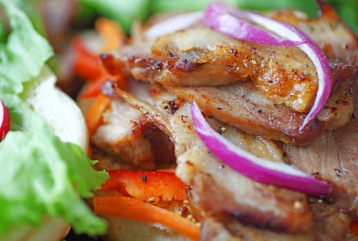Closeup of garlic roast pork slices with raw vegetables