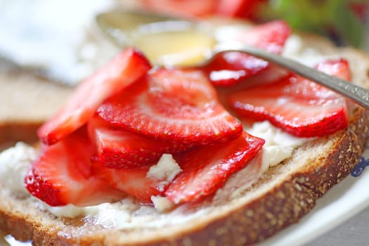 Sliced strawberries with cream cheese on whole wheat bread with honey