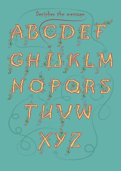 Artistic alphabet with encrypted romantic message - I am yours. Yellow letters with red geometric decor. Blue background.  Illustration