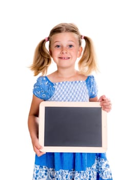 girl with  little blackboard in front of white background