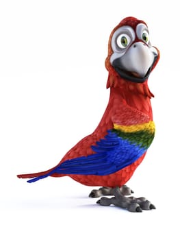 3D rendering of cartoon parrot smiling and looking very happy. White background.