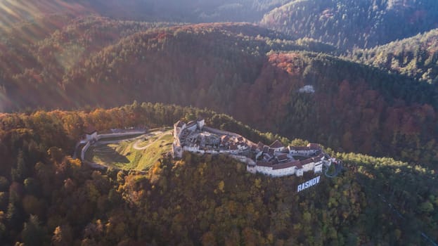 Aerial view of Rasnov Fortress. Brasov, Transylvania, Romania