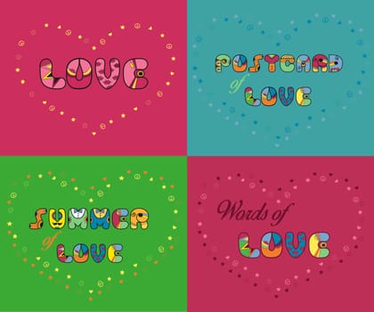 Inscriptions for greeting cards and T-shirts. Unusual artistic font. Love. Postcard of love. Summer of love. Words of love. illustration.