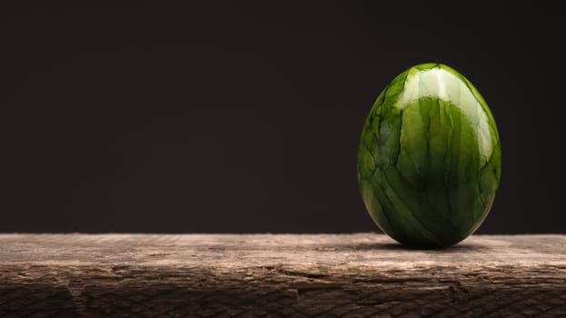 Green Easter egg on a rustic wooden table, Happy Easter background