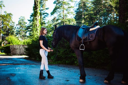 Emotional  Portrait of a female in love with horses, black Friesian stallion thoroughbred pet, outdoors.