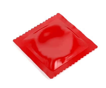 Red condom packaging on white background
