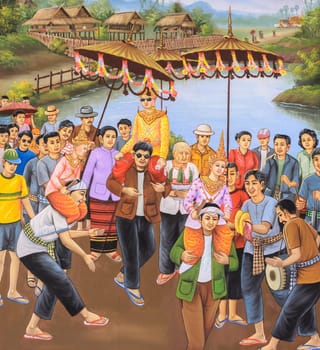 Native Thai painting of Loi Buddhist festivall on temple wall at Wat Chetawan in Chiang Mai, Thailand