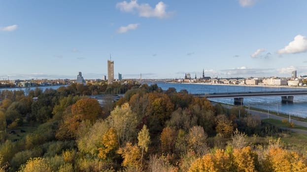 Riga Latvia Daugava river Zakusala island Aerial drone top view