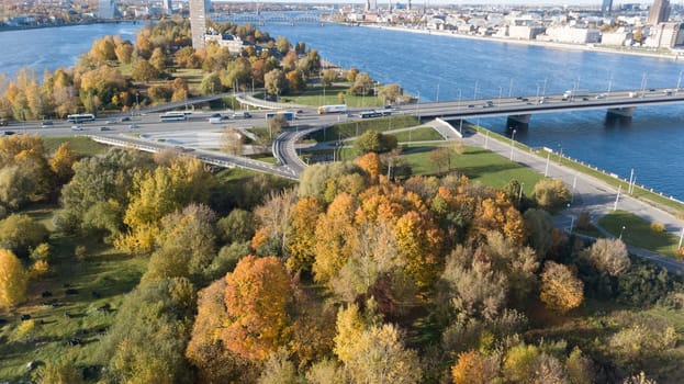 Riga Latvia Daugava river Zakusala island Aerial drone top view