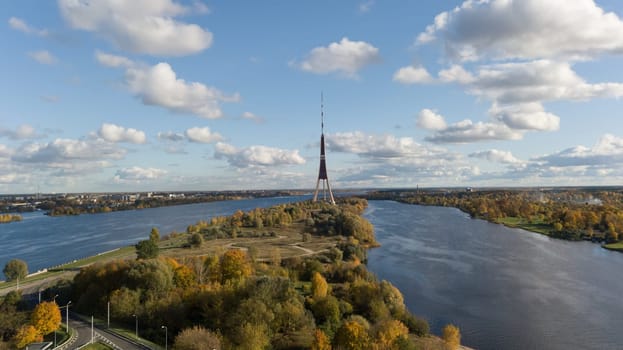 Riga Latvia Tv Tower Zakusala Europe biggest Aerial drone top view