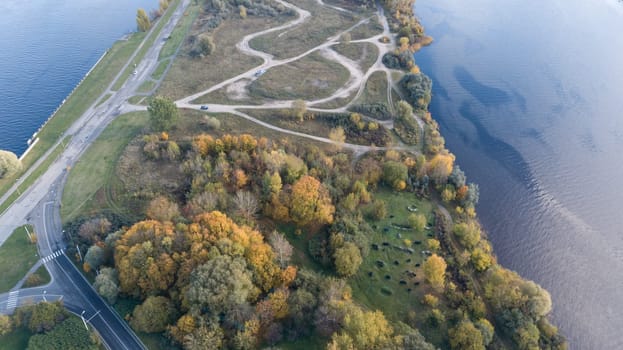 Riga Latvia Daugava river Zakusala island Aerial drone top view