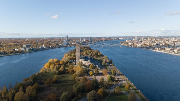 Riga Latvia Daugava river Zakusala island Aerial drone top view