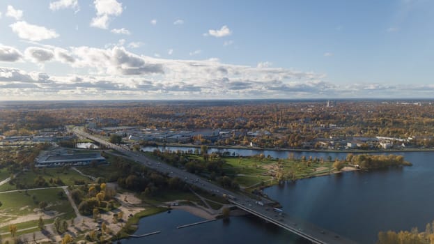 Riga Latvia Daugava river Zakusala island Aerial drone top view