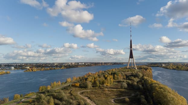 Riga Latvia Tv Tower Zakusala Europe biggest Aerial drone top view