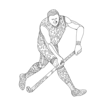 Doodle art illustration of a Field hockey player, a team sport of the hockey family, running with hockey stick done in mandala style on isolated background..