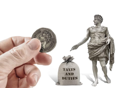 Hand offering Caesar statue a coin with his image for taxes. Render therefore unto Caesar the things which are Caesar's (Matthew 22:20-22)