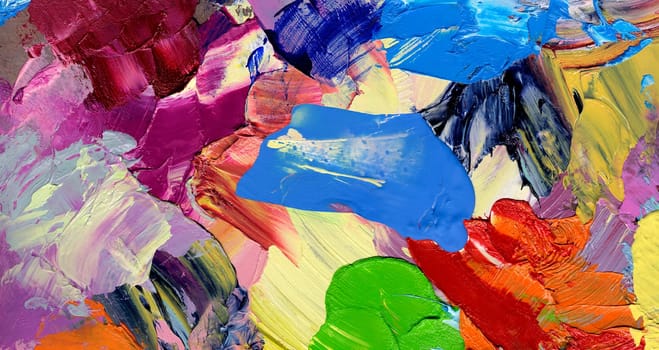 Filled,opaque partly thick,differently colored acrylic and oil paints applied with brush and spatula. Close-up.. Creative,concept,brushstrokes,leisure,background.