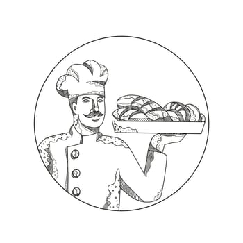 Doodle art illustration of a baker or pastry chef holding a plate of bread set inside circle done in mandala style.