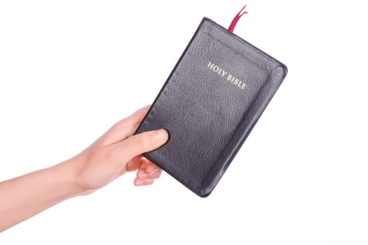 Woman hand holding the Holy Bible on white background.