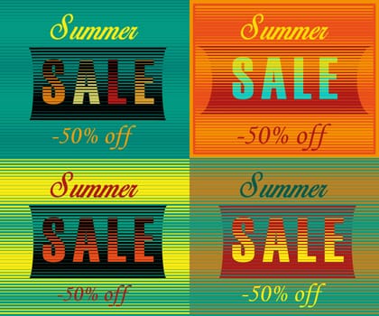 Cards with inscriptions for retail. Striped artistic font. Summer sale. Fifty percents off. illustration