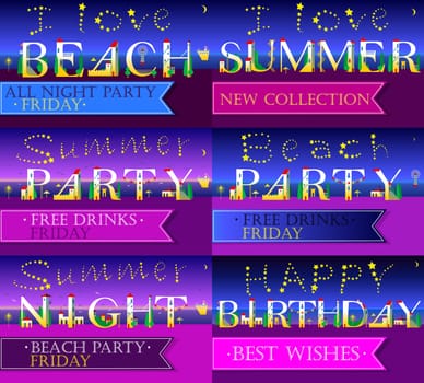 Invitation cards to parties. White houses font. Summer beach. Summer party texts. Happy birthday. Banners for custom texts. Stars in the sky. Illustration