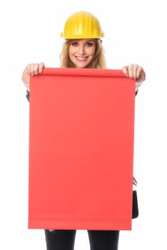 Female craftsman holds a red advertising sign