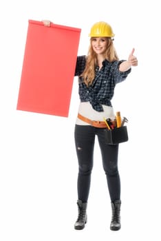 Female craftsman holds a red advertising sign