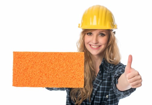 Female craftsman with sponge shows thumbs up