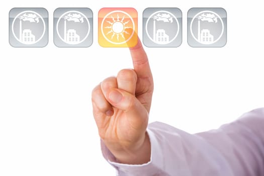 Index finger pointing at transparent button with solar icon. Highlighted in yellow, this key is in the center of a line-up of five. The other four grey icons show smoking factories. Cut out on white.
