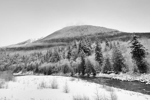 Black and white landscape of the Coquihalla River.