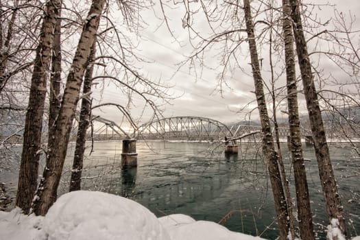 Trestle bridge on the Columbia river framed with trees in winter.