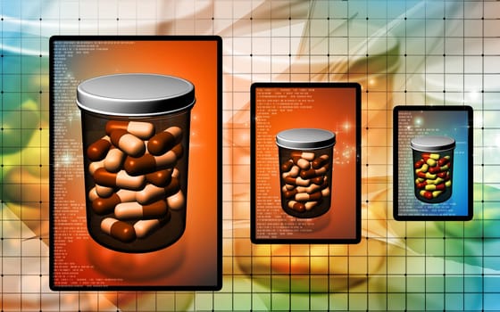 Digital illustration of capsule bottle in colour background