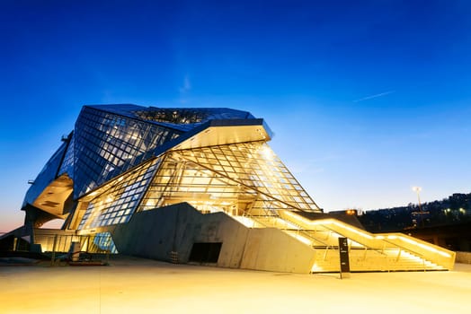 Confluences museum in Lyon city buy sunset