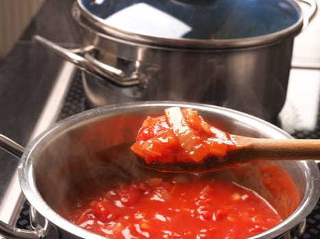Cooking tasty tomato sauce with garlic onions and spicy herbs