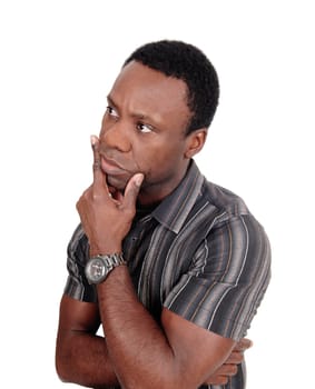 A close up image of an African American man looking away with one.hand on his chin, isolated for white background.