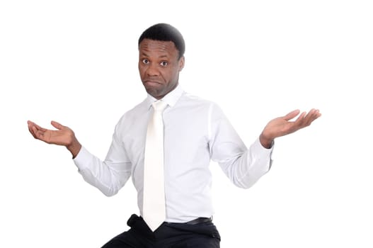 A good looking African American man sitting in a portrait image in a .white shirt and tie and lifting his hands, isolated for white background.