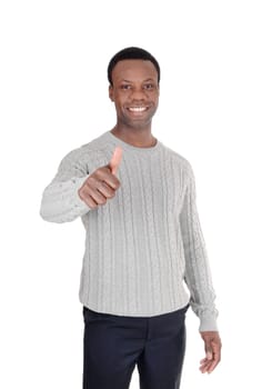 A young African American man in a gray sweater with one hand sign.thumps up and smiling, isolated for white background.