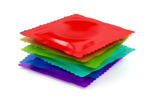 Stack of six different condoms on white background