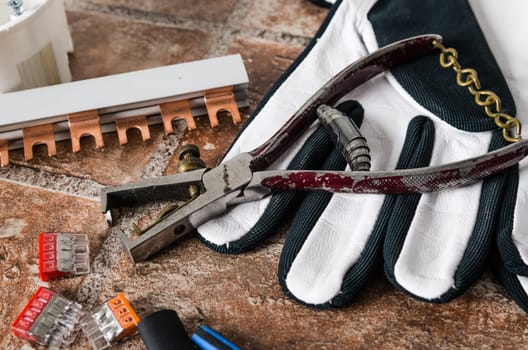 Tools for electricians crimpers and accessories, close-up