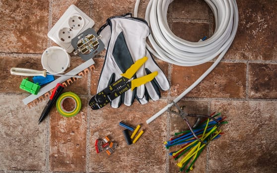 Tools for electricians crimpers and accessories, close-up