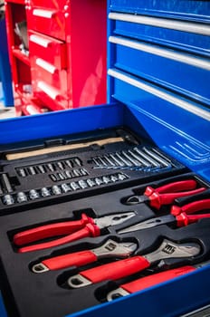 Toolbox in the workshop, close-up