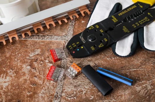 Tools for electricians crimpers and accessories, close-up