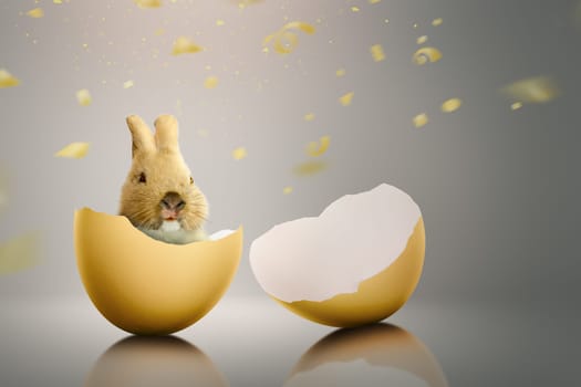 Baby bunny in the broken eggs with flying confetti background
