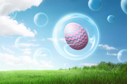 Colorful easter eggs inside bubbles flying on blue sky background
