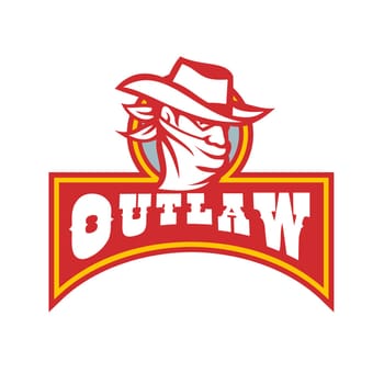 Retro style illustration of a cowboy outlaw or bandit wearing bandana covering his face with banner and text Outlaw on isolated background.
