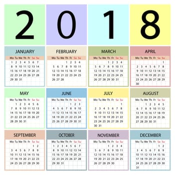 Calendar 2018 year. Week starts with Monday. Vector illustration