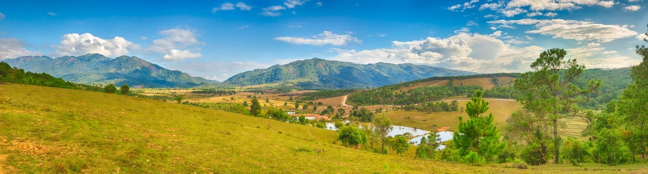 Beautiful rural landscape, mountain on background. Vang Vieng, Laos. Panorama
