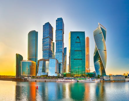 Moscow City skyline . Moscow International Business Centre at day time with Moskva river in foreground