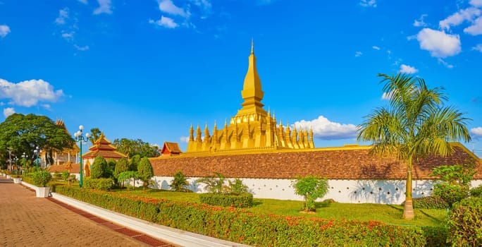 Beautiful view of the Pha That temple. Vientiane, Laos. Panorama